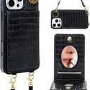 Wallet Case for iPhone 16 Pro with Mirror, Crossbody Strap & Wrist Lanyard, Kickstand Magnetic Clasps Card Holder with RFID Protection, Shockproof Cover for Women - 6.3" (Black)