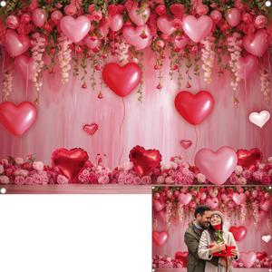 Sweet Valentines Day Backdrop Pink Heart Happy Valentine's Day Photography Background Red Roses Wall Love Wedding Anniversary Birthday Party Decoration Banner Photo Supplies (7x5FT(82 x 59 inch))