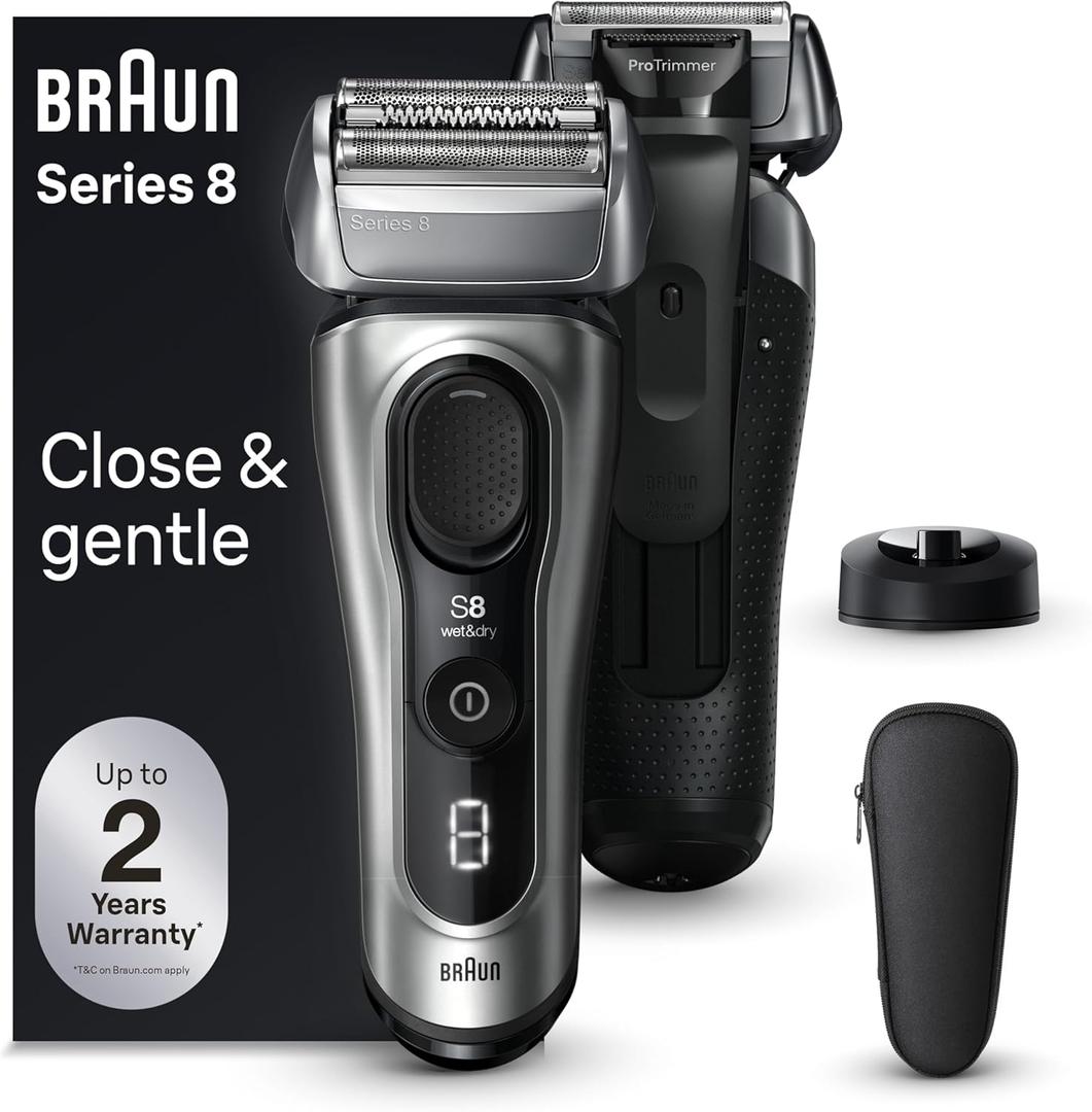 Braun Series 8 Electric Razor for Men, with 4+1 Shaving Elements & Precision Long Hair Trimmer, Close & Gentle Even on Dense Beards, Wet & Dry Electric Razor with 60min Runtime, 8517s Galvano Silver (5 Piece Set)