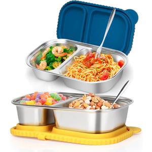2 Pack Stainless Steel Snack Containers with Silicone Lids - Leakproof 2 Compartment Snack Box, Stainless Steel Forks, Reusable, Divided, Safe Food Storage Containers for Adult, Kids, School, Travel, Gift