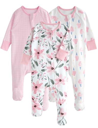 Yoofoss Baby Pajamas 100% Organic Cotton Newborn Sleepers Boys Girls Clothes, 3-Pack Soft infant Footed PJs with Mitten Cuffs, Zipper Footies Pajamas