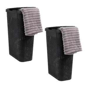 Mind Reader Slim Laundry Hamper with Lid, 40L Clothes Basket, Premium Wicker Design, Plastic, Set of 2, Black