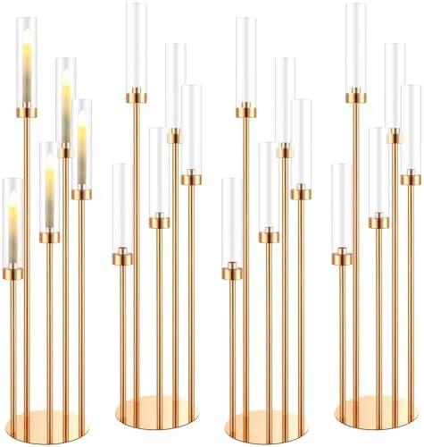 Tessco 5 Arm Candelabra Centerpieces for Tables 42.5'' Tall Floor Candle Holder Metal Candlestick Stand with Acrylic Lampshade for Wedding Holiday Birthday Christmas Party Decor(Gold,4 Set)