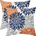 Navy Blue Orange Pillow Covers 18x18 Set of 2 Fall Colored Grey Gray Dahlia Flower Outdoor Decorative Throw Pillows Autumn Themed Farmhouse Pillowcases Linen Cushion Case Decor for Sofa Couch Bed