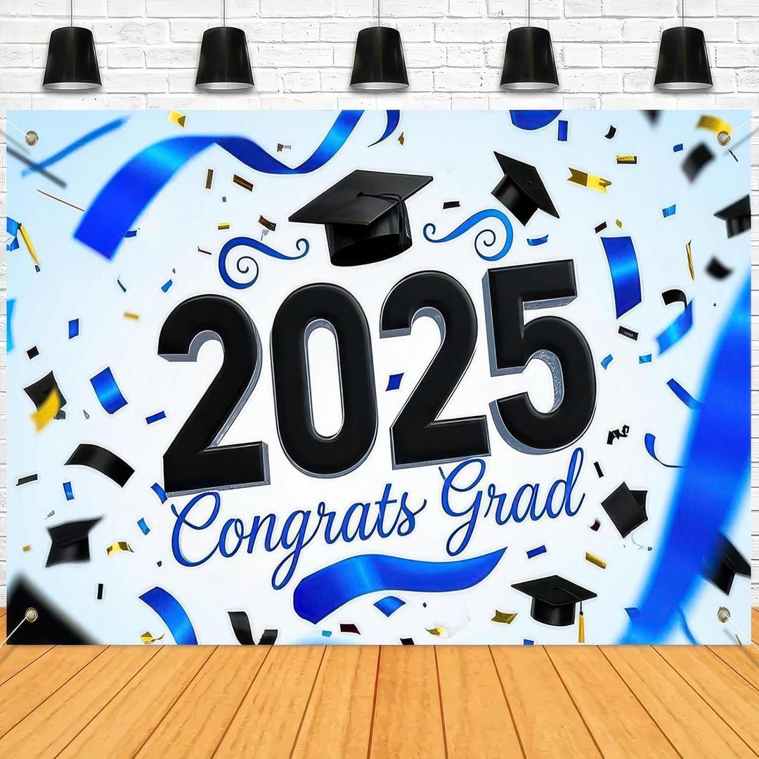 Congrats Grad Class of 2025 Graduation Decorations Backdrop 71x43 Inch Graduation Sign Backdrop Congratulations Blue graduation Decorations Party Banner