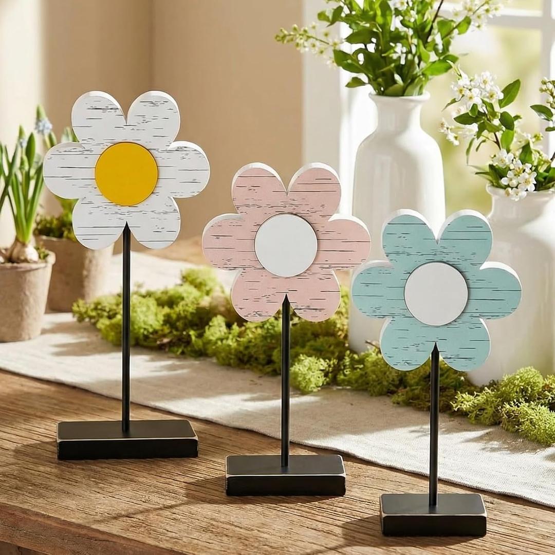 3 Pcs Spring Flower Wooden Table Sign Freestanding Flower Tabletop Farmhouse Centerpiece for Tables Party Favors Rustic Wooden Decors for Home Tiered Tray Decor