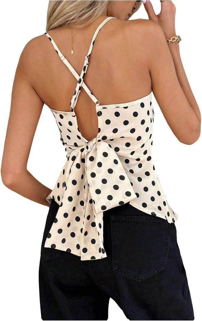 SweatyRocks Women's Crisscross Tie Back Spaghetti Strap Elegant Tops Polka Dots Ruffle Camisoles (White)