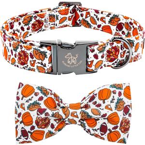 Elegant little tail Tanksgiving Dog Collar, Turkey Print Dog Collar Orange Pet Collars with Bowtie Metal Buckle Cotton Girls Boys Adjustable Pet Collars for Large Dogs (Large (Pack of 1))