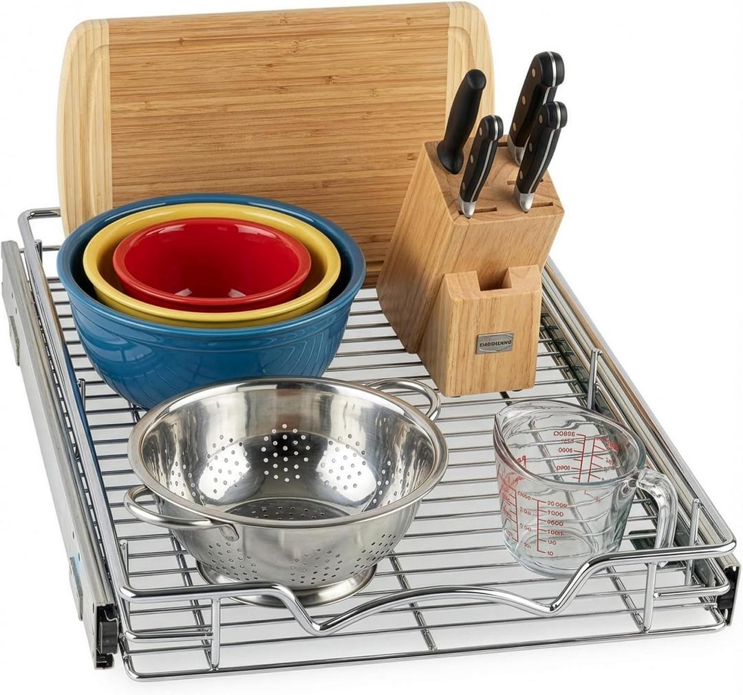 HOLDN STORAGE Pull Out Cabinet Organizer, Heavy Duty Caddy -14W x 21D - Requires At Least 15-1/4 Cabinet Opening, Steel Metal Cabinet Drawers Slide Out, Chrome