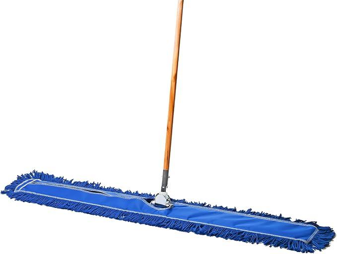 Commercial Floor Sweeper, 48 in. Reusable Mop Head, Wooden Handle, Industrial Dry Mop for Hardwood Floors, Blue