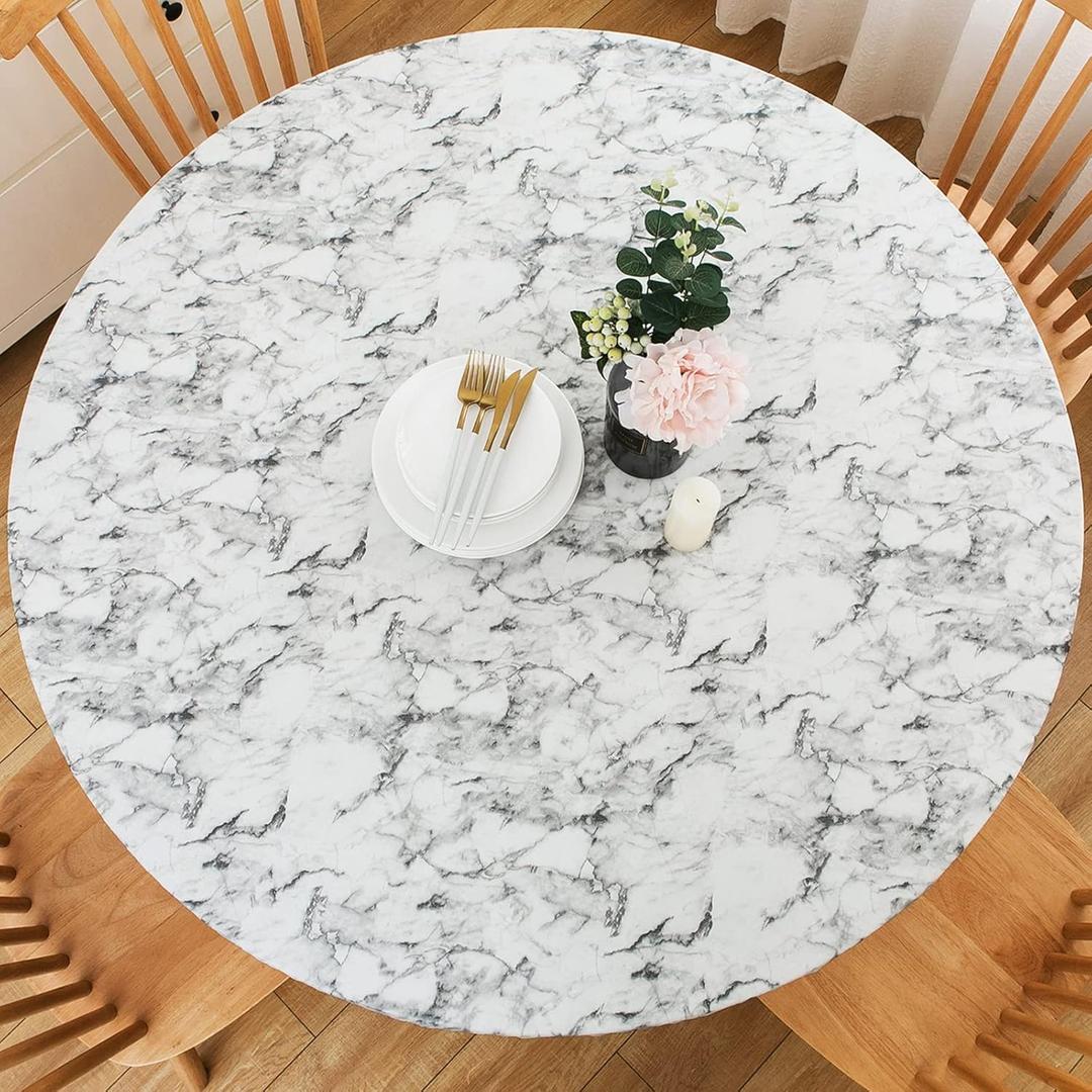 LIBERECOO Round Vinyl Fitted Tablecloth with Flannel Backing Elastic Edge Table Cover Waterproof Stain-Resistant Wipeable Tablcloths Fits 57-65" Round Tables (White Marble)