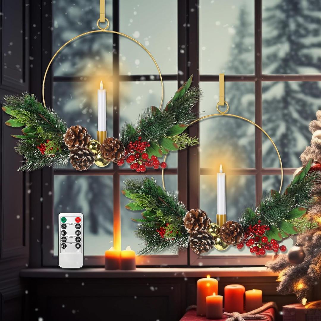 Baquler 2 Pack 12" Christmas Wreath for Front Door with Flickering LED Taper Candles & Remote, Christmas Window Wreaths with Berry Pine Cone Ornaments for Home Door Holiday Garland Wall Decor