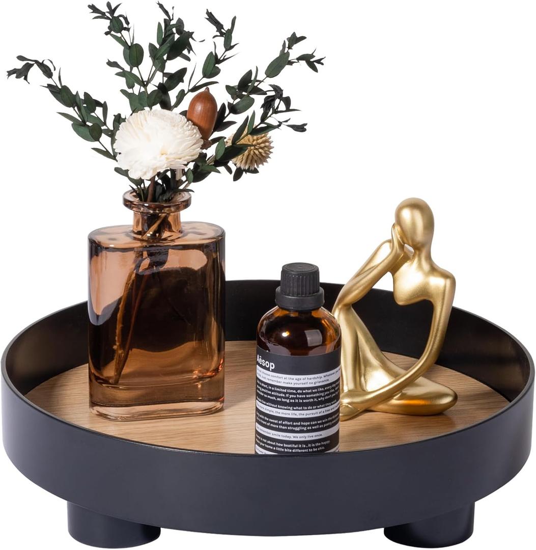 Decorative Tray Coffee Table Tray Round Trays for Home Decor Bathroom Counter Tray Perfume Organizer for Dining Table, Dresser, Kitchen,12 Inch, Black