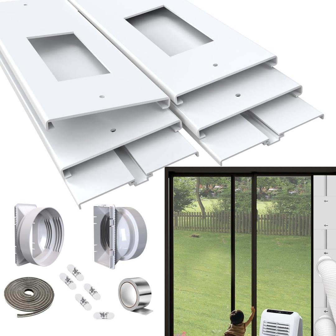 95" Sliding Door AC Vent Kit for Dual Hose Portable Air Conditioner with Screen net & 2 weather strippings Energy Saving Airtight Universal 5.0/5.9"Hose Coupler Portable AC sliding door Kit