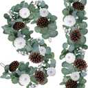 Winlyn 2 Pack White Pumpkin Garland with Eucalyptus Pinecones Berries Fall Foliage for Wedding Arch Thanksgiving Table Farmhouse Decor