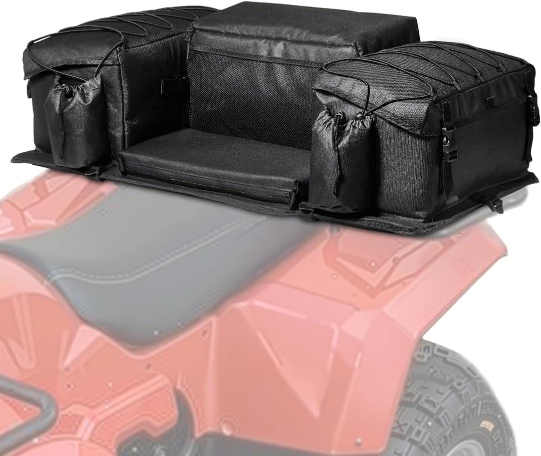 VEVOR ATV Rear Storage Bag, 50L ATV Rear Cargo Bag with Sponge Seat Cushion & Bottle Holder, 600D Oxford Cloth Rear Seat Gear Bag Fit Most ATVs with Rear Rack, Compatible with ATV, UTV, Can-Am Vehicle