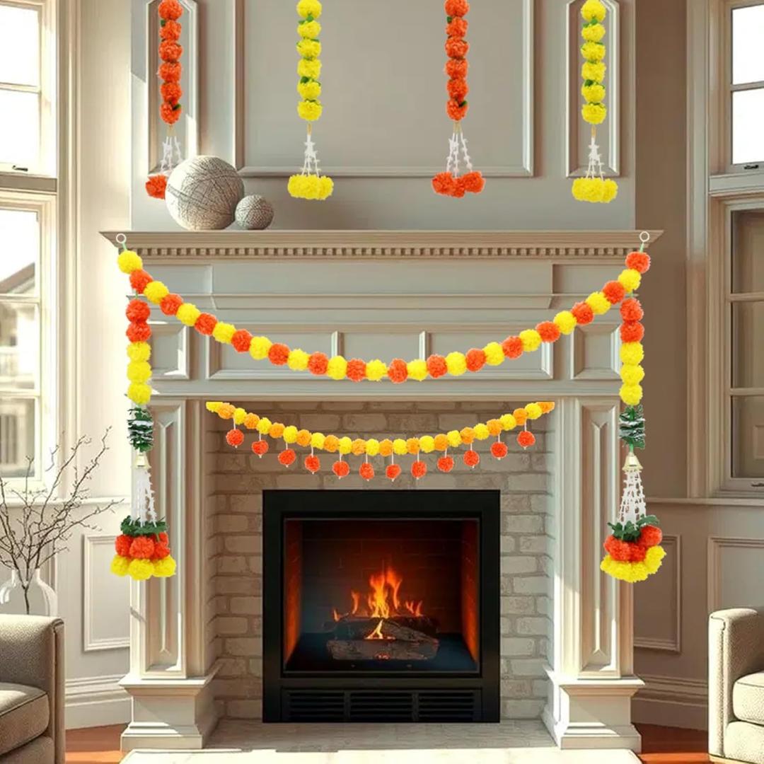 6 Pcs Diwali Artificial Marigold Garland Indian Marigold Flowers Garlands Hanging Indian Garland Yellow Orange Wedding Party Garlands Decor for Room, Door, Fireplace, Stairs