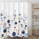 Tititex Aesthetic Navy Blue Floral Shower Curtain Sets, Watercolor Gold Flowers Leaves Bathroom Decorative 60x71 Inch Polyester Waterproof Fabric Bath Curtain with Hooks