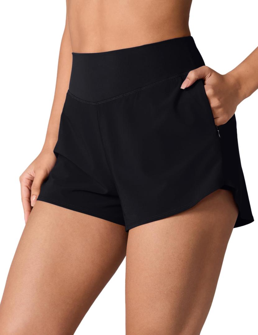 UNISSU High Waisted Athletic Shorts for Women 2.5'' Gym Track with Boxer Liner Zip Pockets Quick Dry for Running Workout Size S