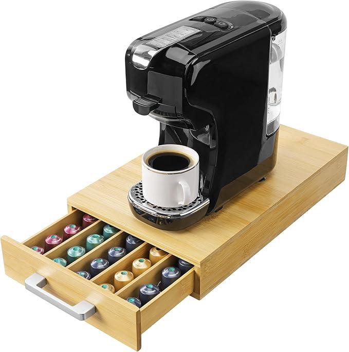 Navaris Bamboo Coffee Capsule Storage - Coffee Pods and Tea Holder Tray - Space-Saving Under Coffee Maker Coffee Machine Pod Organizer - Coffee Pod Drawer with Separators