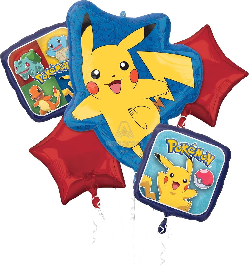 Anagram Pokmon Foil Balloon Bouquet 5 Piece Set Perfect for Kids Birthdays and Themed Parties