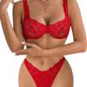 Lilosy Sexy Floral Lace Underwire Push Up Lingerie Set Outfits (Small, Red)