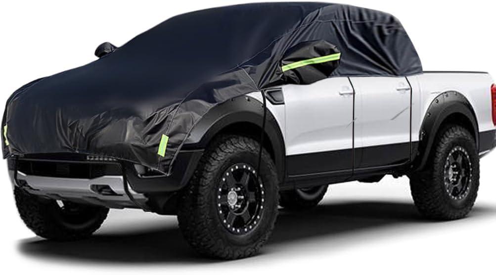 Half Car Cover All Weather Car Body Cover for All Season Sunshade Cover Snow Cover Waterproof 420D Oxford Fabric (Fit Small and Medium Size Pickup (Crew Cab))