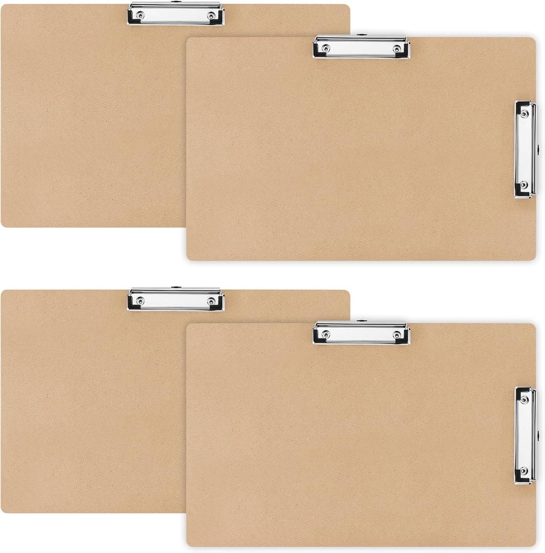 Henoyso 4 Pcs 11x17 Clipboard Wooden Lap Board with Low Profile Clip Brown Double Landscape Clip Hardboard Drawing Board Landscape Horizontal Large Clipboard for Desk Paper Sketching Art Supplies