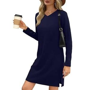 Simlakey Womens Long Sleeve Dress Casual V Neck T-Shirt Dress Side Slit Loose Fit Fall Fashion Travel Airport Outfits, M