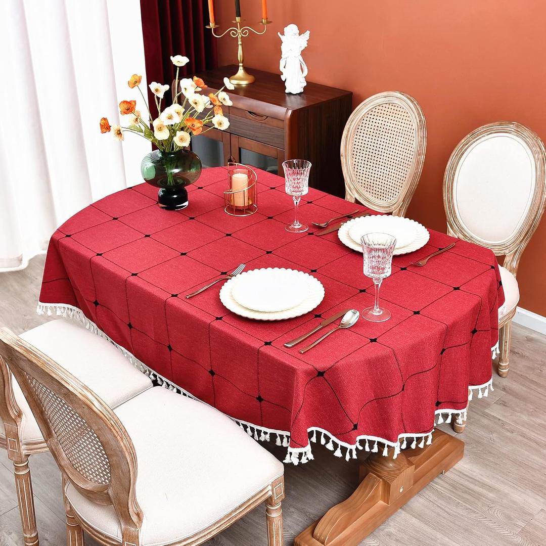 Plaid Farmhouse Red Oval Tablecloth Cotton Linen Heavy Weight Checkered Table Covers Cloths for Dining Room Kitchen Tabletop Decoration, 60x104 Inch