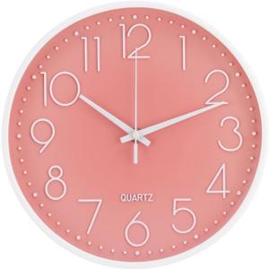 Wall Clock Non-Ticking Silent Modern Simple Style Round Decor Clock Stereoscopic Dial Quartz Wall Clocks for Home/Office/School/Living Room/Bedroom/Kitchen (Peach Pink, 8inch)