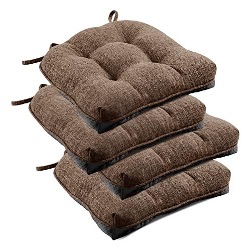 downluxe Indoor Chair Cushions for Dining Chairs, Tufted Overstuffed Textured Foam Kitchen Chair Pads with Ties and Non-Slip Backing, 15.5" x 15.5" x 4", Brown, 4 Pack
