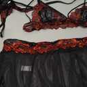 Sexy Mini Skirt with Thong Floral Lace Sheer Bralette Lingerie Set 3 Piece Otufits (XX-Large, Black Red)