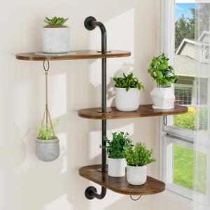 Rotating Window Plant Shelves with 3 Anti-slip Mats, 3 Tier Plant Stand Indoor Outdoor, Wooden Window Plant Shelf with 3 Circle Hook, Hanging Plant Holder for Window, Potted Plants, Flowerpots