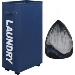 DOKEHOM 29-Inches Enlarged Slim Laundry Basket with Removable Wash Bag on Wheels, Collapsible Rolling Laundry Hamper, Foldable Narrow Corner Clothes Storage Bins (Dark Blue)