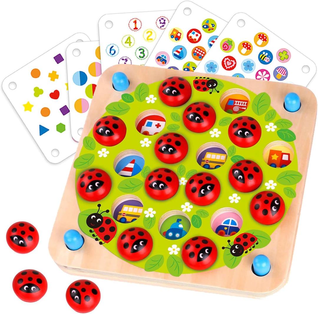 Nene Toys Ladybug’s Garden Memory Game – Wooden Matching Games for Toddlers 3-5 – Travel Toy for Boys Girls, Road Trip Essentials for Toddler, Airplane, Car - Ideal Christmas, Birthday Gifts