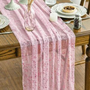 Artoid Mode 3PCS Pink Gold Gauze Table Runner 120 Inch 10FT, Glitter Metallic Foil Sheer Dining Wedding Anniversary Holiday Table Decor for Home Party