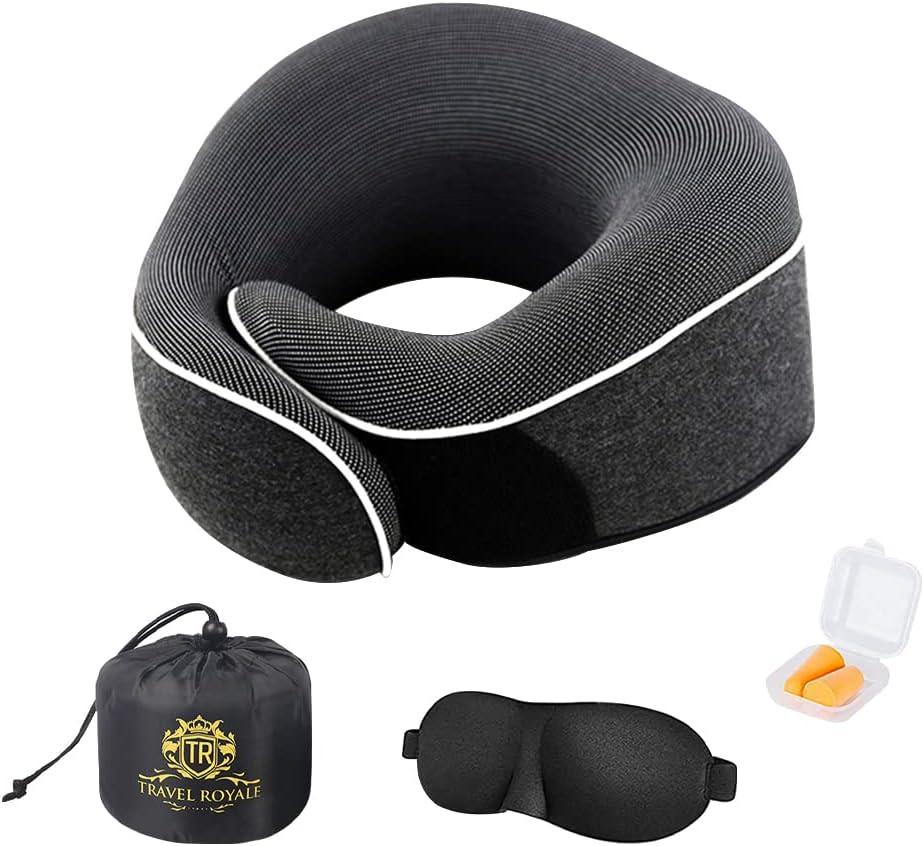 Neck Pillow Head, Chin, Neck 360 Support Pillow Adjustable 100% Pure Memory Foam Pillow for Airplanes, Car & Home, Ergonomic Design Full Neck Surround Bundle Eyecover & Earplugs (Black)
