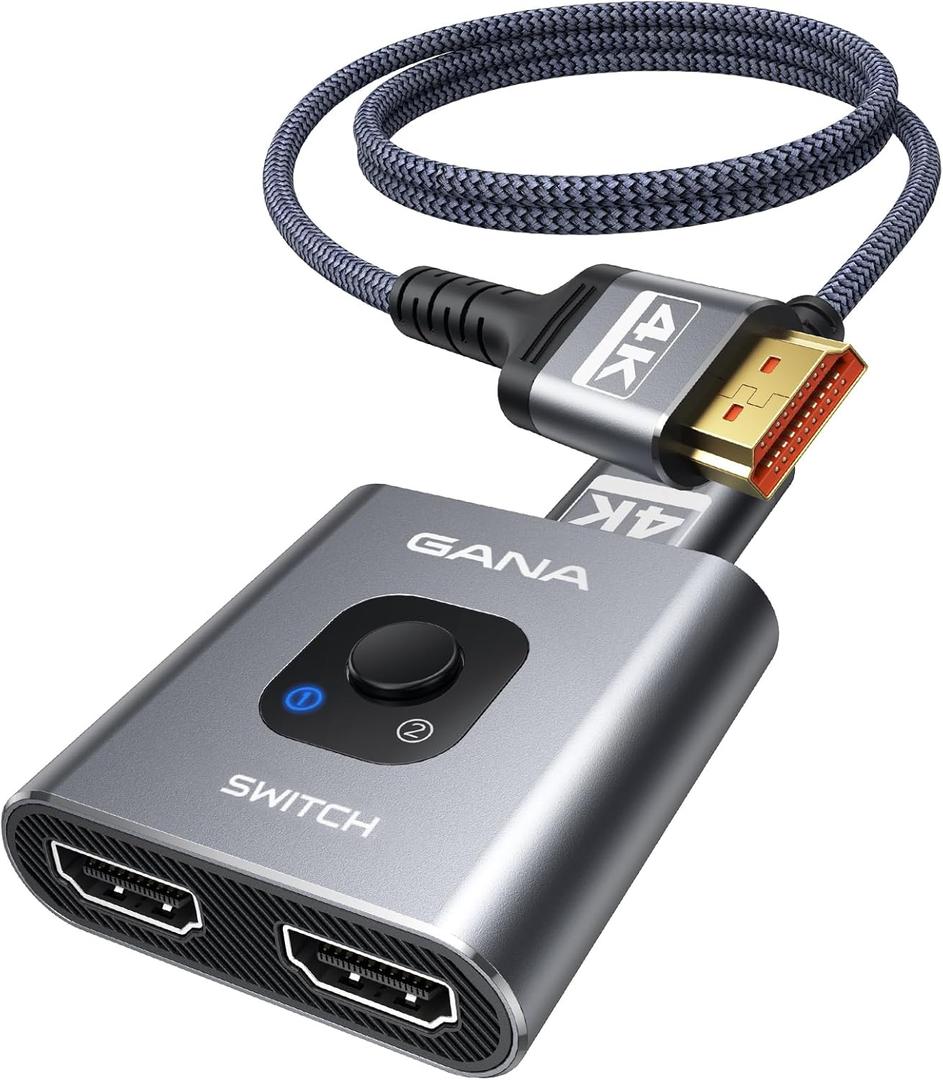 HDMI Switch 4K@60Hz Splitterwith 3FT HDMI Cable, GANA Aluminum Bidirectional HDMI Switcher 2 in 1 Out, HDMI Hub for 3D, HDR, Compatible with Xbox, PS5/4/3,Fire Stick,Roku,Blu-Ray Player