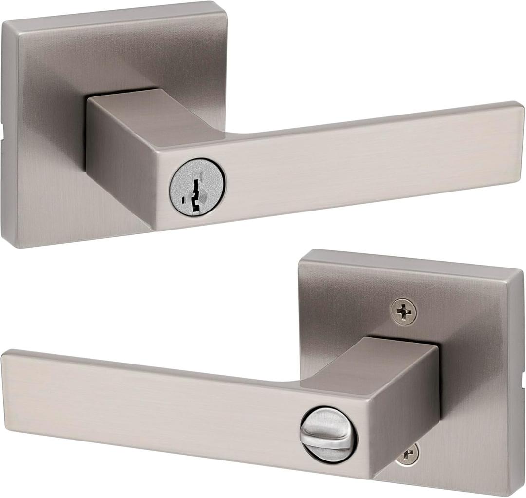 Kwikset Singapore Entry Door Handle with Lock and Key, Secure Keyed Reversible Lever Exterior, For Front Entrance and Bedrooms, Satin Nickel, Pick Resistant Smartkey Rekey Security and Microban (1 Pack)