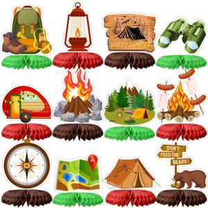 Tarklanda 12 Pcs Camping Party Honeycomb Centerpieces Campfire Adventure Party Table Decorations 3D Honeycomb Birthday Supplies Photo Props