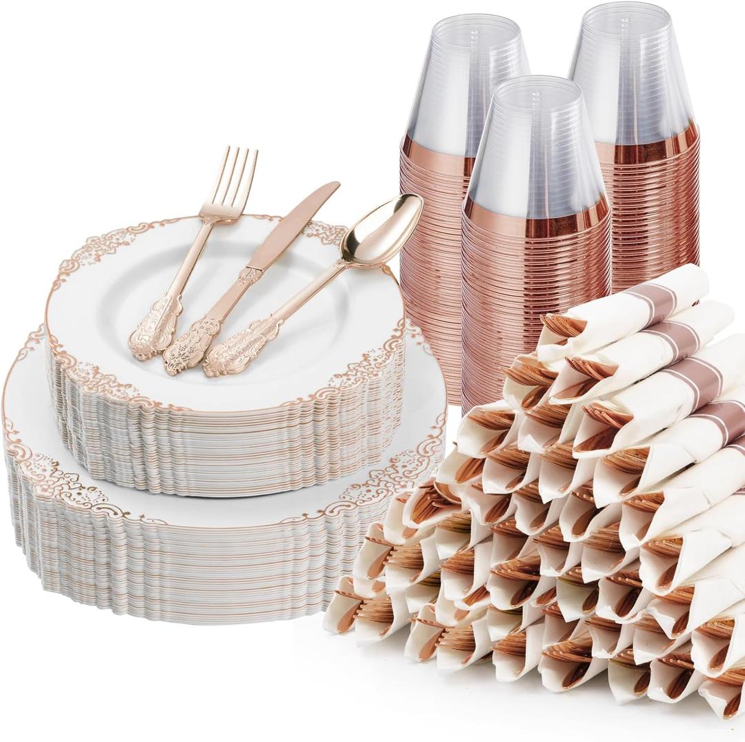 350PCS Rose Gold Plastic Plates for 50 Guests, Disposable Dinnerware Sets Include 100 Rose Gold Rim Plastic Plates, 50 Silverware and Cups, 50 Pre-Rolled Napkins for Party, and Graduation