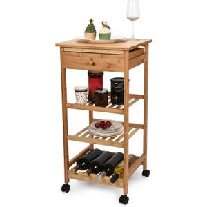 Kitchen Cart with Drawer and Basket - Brown Kitchen Cart Island for Small Spaces - Extra Counter Space or Spice Rack - Portable Dining Table with Wheels - Elegant Solid Wood Top, Spice Drawer