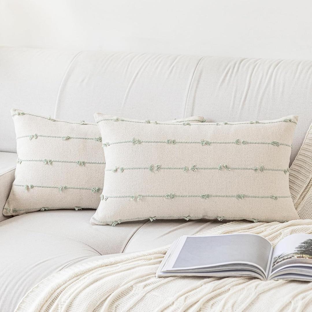 YEENAASY Boho Throw Pillow Covers12x20 Set of 2 Modern Farmhouse Decorative Cushion Case Tufted Linen Square Pillow Cover Neutral Pillow Cases Accent Pillowcase for Sofa,Couch,Bed,Beige and Green