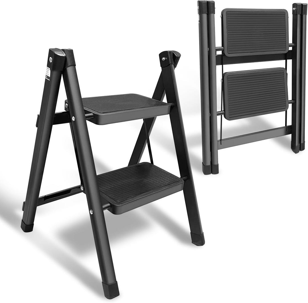 Step Ladder 2 Step Folding Stool with Wide Anti-Slip Pedal, Kitchen Step Stools for Adults Support up to 300 Lbs, Closet Step Stool Foldable for Home Library Office