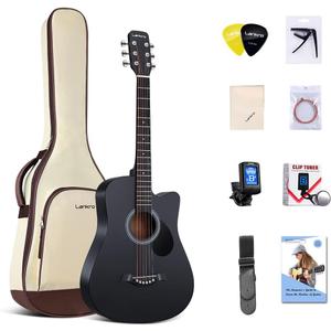 38 inch Guitar Black Acoustic Guitar Beginner kit Adult Cutaway Acoustic Guitar Guitarras Starter Set Bundle with Padded Gig Bag, Strap, Capo, Strings, Picks