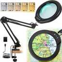 5 Inch Real Glass Magnifying Glass with Light and Clamp, 10X LED Adjustable Swivel Arm Desk Lamp, 5 Color Modes Brightness Steepless Dimmable, Hands Free Lighted Magnifier Stand for Close Work, Craft (8.7-inch Swivel Arm, Black)