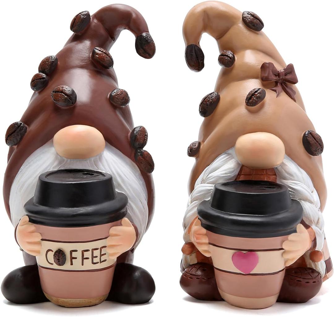 Hodao Coffee Gnome Figurines - Hand-Painted Resin Indoor Decor, Set of 2 Cute Cafe Bar Decorations, Perfect Home & Bedroom Ornaments, Ideal Gift for Coffee Lovers and Housewarming