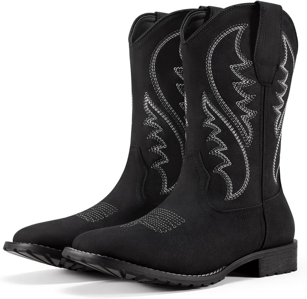 Rollda Cowboy Boots for Men Western Boots Men's Square Toe Chunky Heel Mid-Calf Boots Classic Embroidered Pull On Boots (8.5, Black)