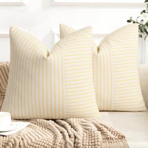 YCOLL Farmhouse Pillow Covers 18x18, Modern Accent Square Throw Pillow Covers Set of 2, Yellow and Beige Striped Patchwork Linen Decorative Pillows Cushion Covers for Couch Chair Bedroom Home Decor